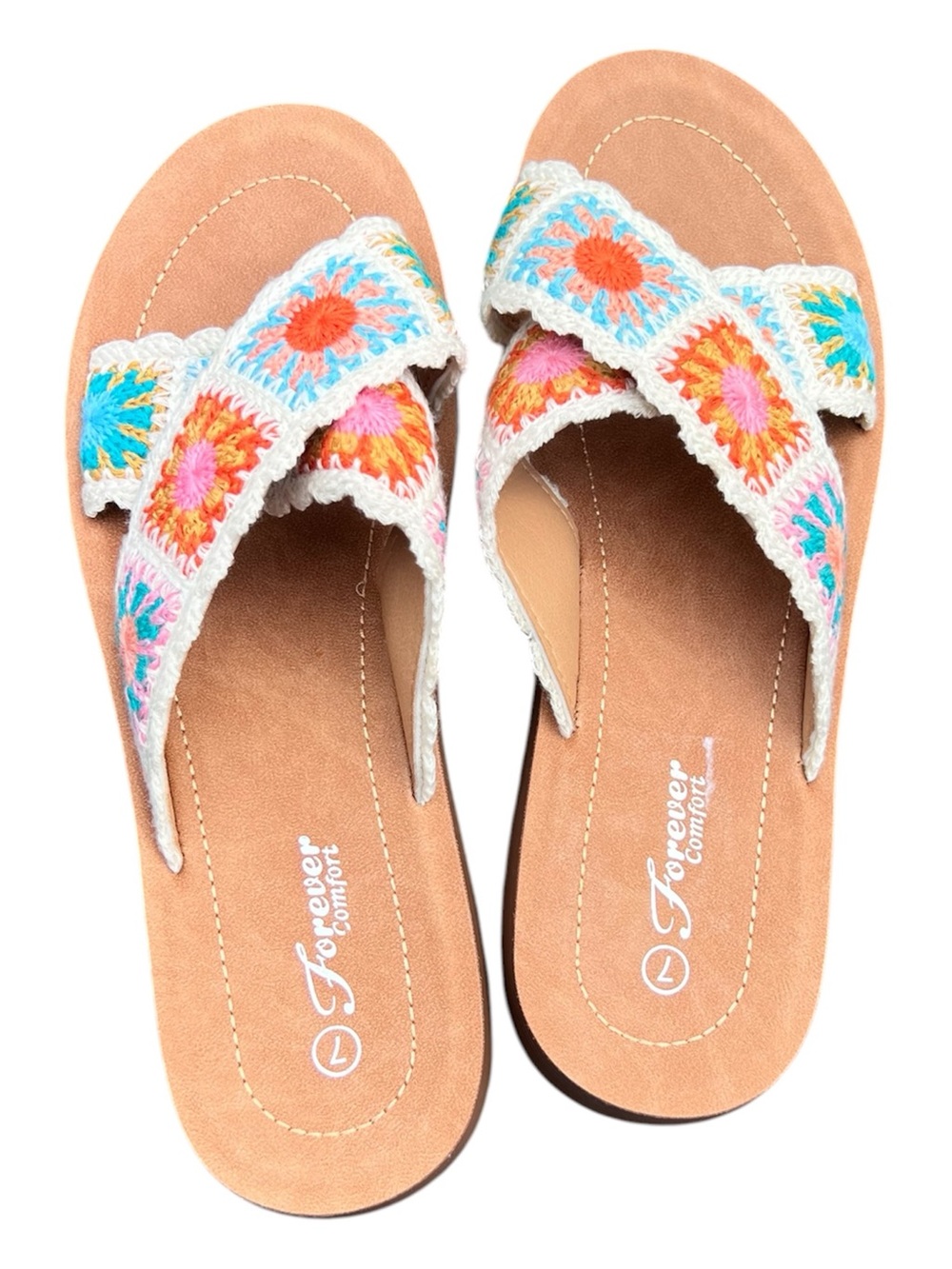 Forever Comfort Crochet Boho Floral Crisscross Slide Sandals Women’s Sz 7